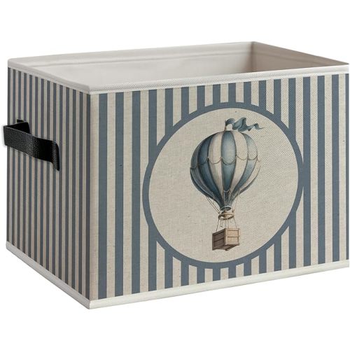 Vintage Airplane Nursery Foldable Storage Bins Box with Handles, Kids Room Decor for Boys, Blue Striped Plane Collapsible Organizer Basket for Kids Nursery Room Bedroom Playroom Toys Books