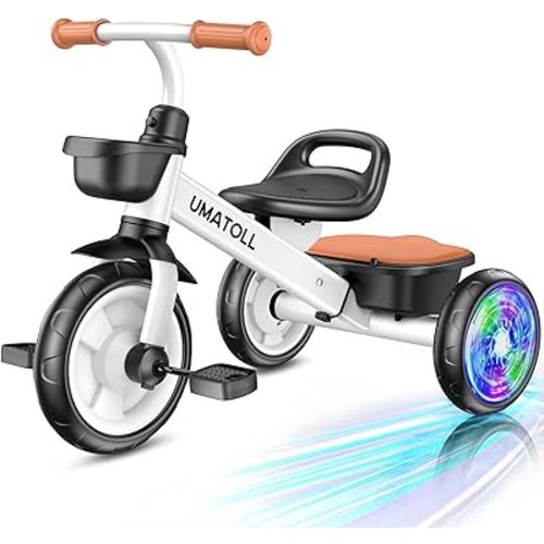 Umatoll Tricycle for Toddlers 2-5 Year Old, Ajustable Toddler Bike Outdoor Toys, Birthday Gift for Boy Girl Age 2-4, Trike with Light up Wheels