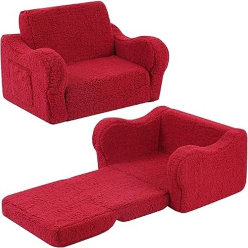 Kids Chairs for Toddler, 2-in-1 Toddler Soft Sherpa Couch Fold Out, Convertible Sofa to Lounger for Girls and Boys, Christmas Decor, Red
