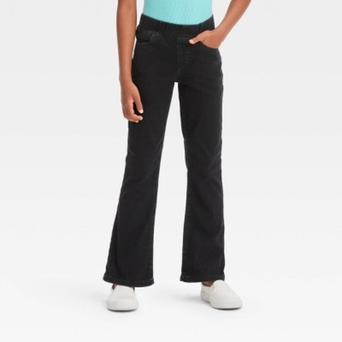 Girls' Mid-Rise Pull-On Flare Jeans - Cat & Jack™ Black 7: Denim, Elastic Waist,