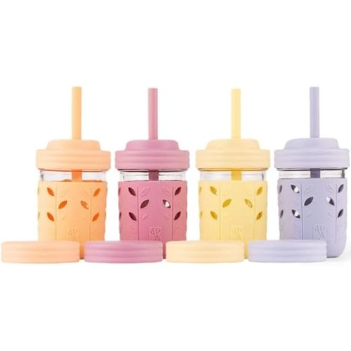 Elk and Friends Kids & Toddler Cups | The Original Glass Mason jars 8 oz with Silicone Sleeves & Silicone Straws with Stoppers | Smoothie Cups | Spill Proof Sippy Cups for Toddlers | 4 Pack