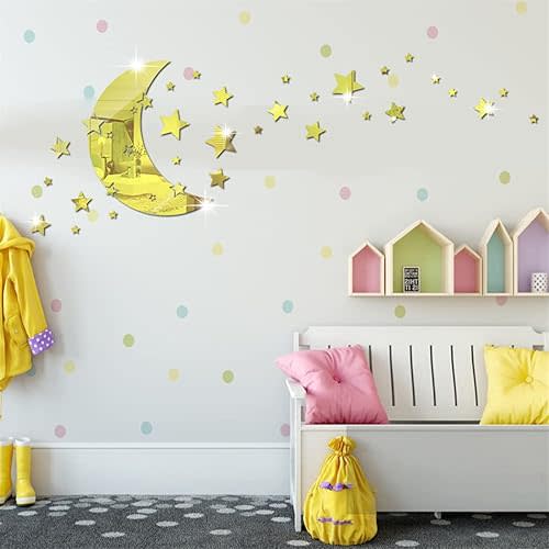 Moon and Stars Mirror Wall Stickers, Removable Acrylic Crescent Moon and 146 PCS Stars Wall Mirror Stickers Decals, 3D Moon Star Art Wall Decoration for Baby Kid Bedroom Living Room Ceiling (Gold)