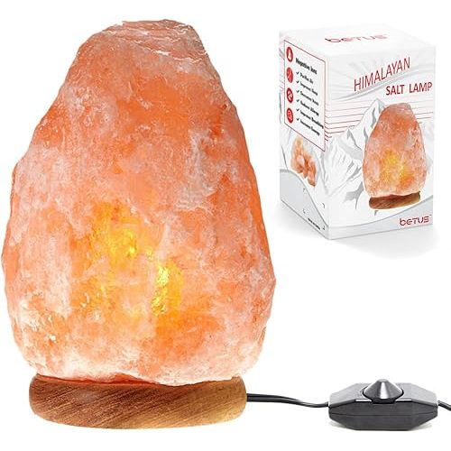 Betus [Natural Crystal Himalaya Salt Lamp Hand Carved on Wood Base with Dimmable Cord and Light Bulb - 6 to 7 Inches Height, 3 to 5 Pounds