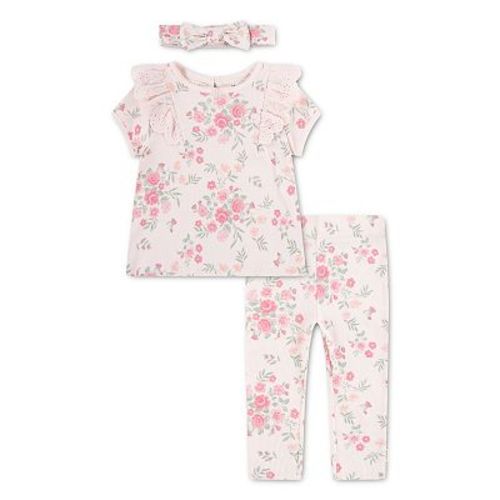 Newborn Baby Girls Huggies Babywear® Made With Organic Cotton Rose Floral Ruffle Short Sleeve Top Pants & Headband 3-Piece Set
