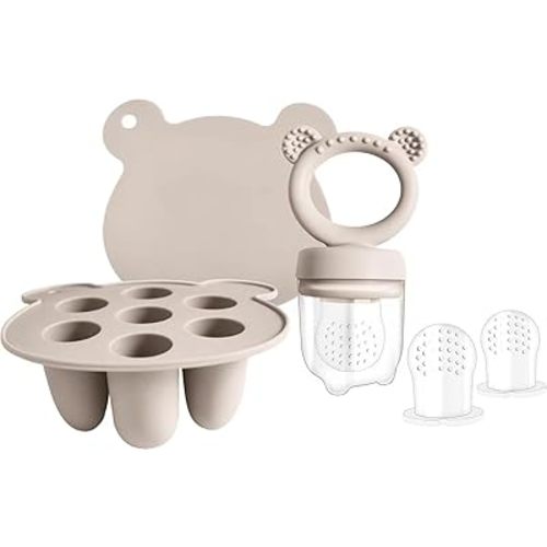 Baby Fruit Food Feeder Pacifier, Silicone Breastmilk Babies Food Freezer Tray, Baby Food Storage Containers Feeder for Safe Infant Self Feeding (Bear Grey)