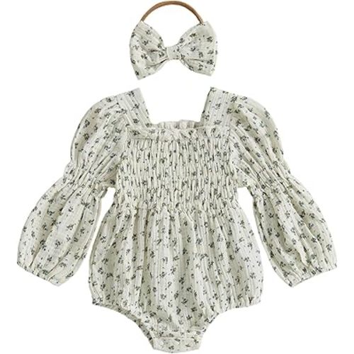Smocked Baby Girl Clothes Newborn Girl Bubble Romper Long Sleeve Jumpsuit And Headband Outfit Cute Infant Clothing