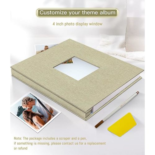 Popotop Photo Album Self Adhesive with Picture Display Window,60 Pages DIY Scrapbooking Supplies Kit for 4x6 10x12 Picture,Linen Cover Memory Book for Baby Wedding, with Scraper and Metallic Pen