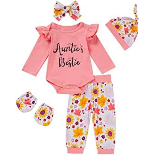 Newborn Baby Girl Outfits Daddy's Little Girl Letter Print Romper+Floral Pants+Hat+Headband+Gloves 5PCS Clothes Set