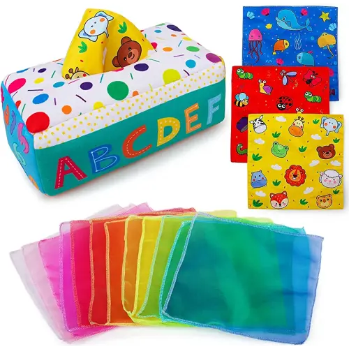 teytoy My First Baby Tissue Box, Soft Stuffed High Contrast Crinkle Montessori Square Sensory Toys Juggling Rainbow Dance Scarves for Toddler, Infants, Newborns and Kids Educational Preschool Learning