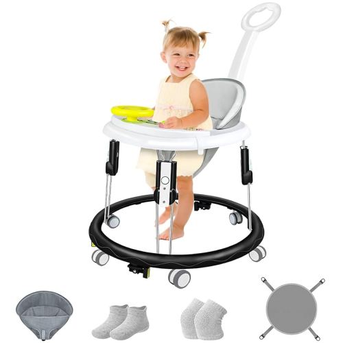 Foldable Baby Walker for Boys and Girls, 5-in-1 Baby Walker with Wheels, Adjustable Height Toddler Activity Walker with Music Tray, Detachable Seat and Mute Anti-Rollover Baby Walkers for 6-24 Months