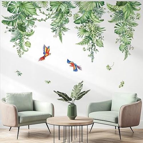 decalmile Hanging Tropical Leaves Wall Decals Green Plants Palm Leaf Vines Parrots Wall Stickers Living Room Bedroom TV Background Wall Decor