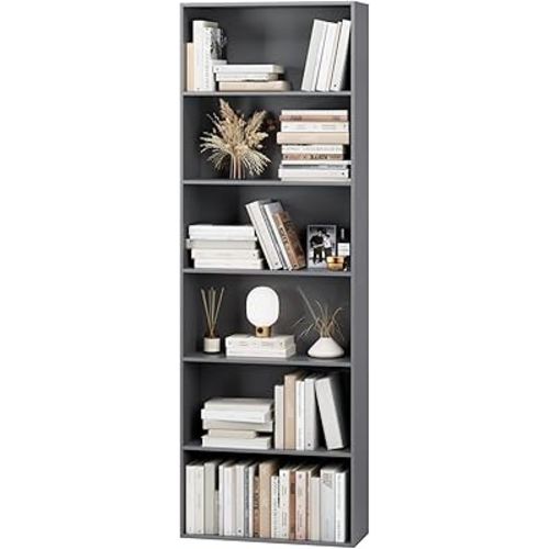 FOTOSOK 6-Tier Open Bookcase and Bookshelf, Freestanding Display Storage Shelves Tall Bookcase for Bedroom, Living Room and Office, Dark Gray