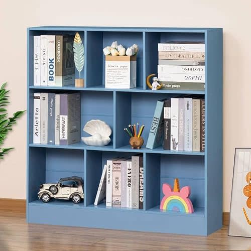 YAHARBO 3 Tier Bookshelf,Wide Kids Horizontal Bookcase,8 Cube Blue Book Shelf,Large Display Toy Storage Cabinet with Base,Floor Standing Modern Bookcases Organizer for Bedroom,Nursery,Playroom