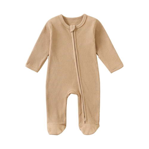 Busydd Baby Boys Girls Rompers Long Sleeve Round Neck Infant Clothes Solid Color Ribbed Zipper Unisex Newborn Baby Jumpsuits One Piece Baby Rompers Bodysuit 0-12 Months