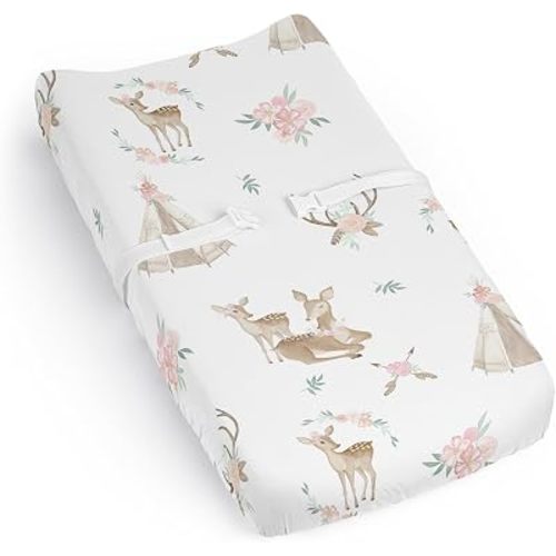 Sweet Jojo Designs Baby Changing Pad Cover Sheet (Woodland Deer Floral) for Girls, Infant/Newborn Diaper Change Table Mat Covers (Boho, Watercolor, Bohemian, Forest Animal, Shabby Chic, Flowers, Pink)