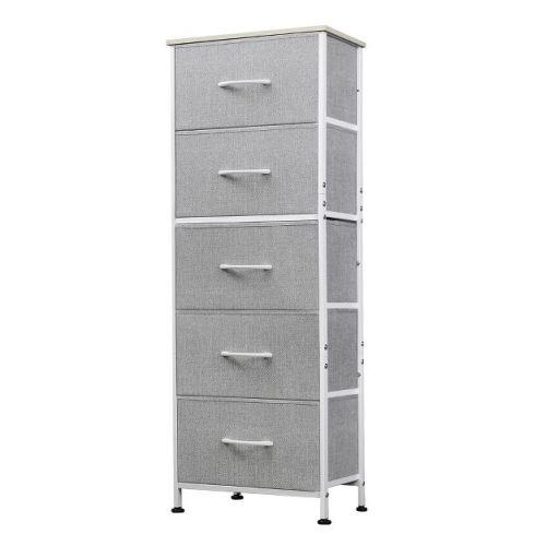 5-Drawer Tall Fabric Dresser with Wood Top, Storage Organizer Chest for Bedroom, Closet, Hallway, Sturdy Steel Frame