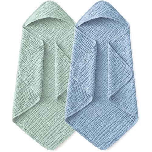 Yoofoss Hooded Baby Towels for Newborn 2 Pack 100% Muslin Organic Cotton Baby Bath Towel with Hood for Babies, Infant, Toddler and Kids, 37.5"x37.5", Soft and Absorbent Newborn Essential,Blue&Green