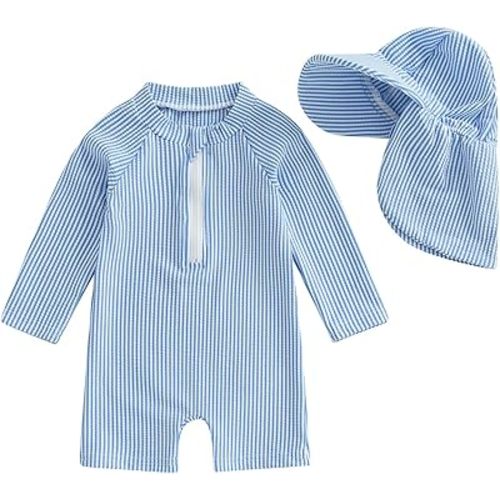 Gueuusu Baby Boys Girls Swimsuit One Piece Striped Zipper Bathing Suit Rash Guard Long Sleeve Seersucker Swimwear Sunsuit