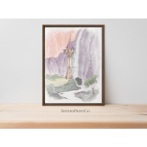 Rapunzel's Tower Watercolor Painting: Tangled Nursery Decor, Framed Canvas or Art Print