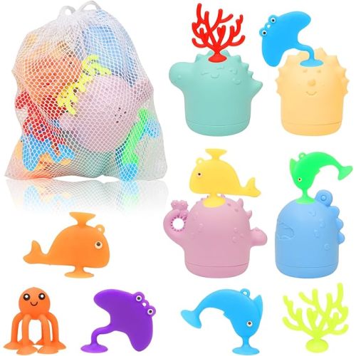 Suction Bath Toys for Kids, 18 Pcs Silicone Ocean Animal Suction Cup Toys with Eggshell & Bag, No Hole Mold Free Bath Toy, Sensory Window Building Toys for Toddlers Boys Girls 3 4 5 6 Year Old