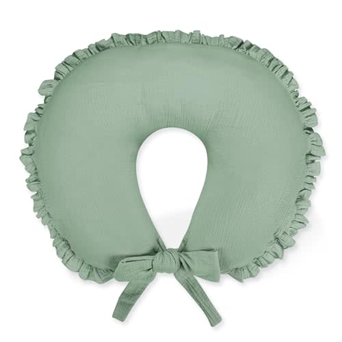 Muslin Nursing Pillow Cover, Breathable & Soft Ruffle Nursing Covers for Breastfeeding Pillows, Comfortable Pillow Slipcover with Extended Adjustable Strap for Baby Boys Girls, Green(Only Cover)