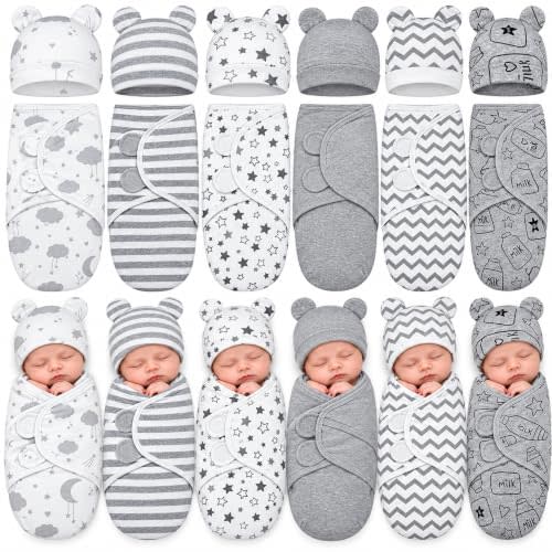 Ramede 6 Pack Baby Swaddle Blankets with Hats,Star,Grey | Soft Cotton Wrap for Newborn Boys 0-3 Months, Adjustable Breathable Sleep Sack Set, Skin-comfortable Receiving Blanket