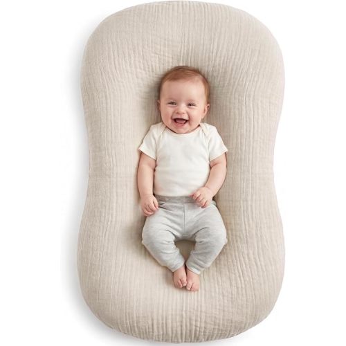 Muslin Baby Lounger Cover 1 Pack, Cotton Soft Breathable Infant Nest Slipcover, Envelope Closure, Compatible with Snuggle Me Loungers, Machine Washable, Cover Only, for Boys Girls(Beige)