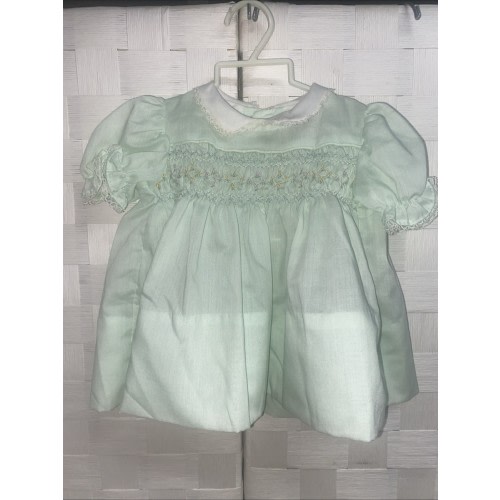 Vintage Baby Girl Hand Smocked Carrousel Green Dress Cottagecore 60s 70s Sz 0-3