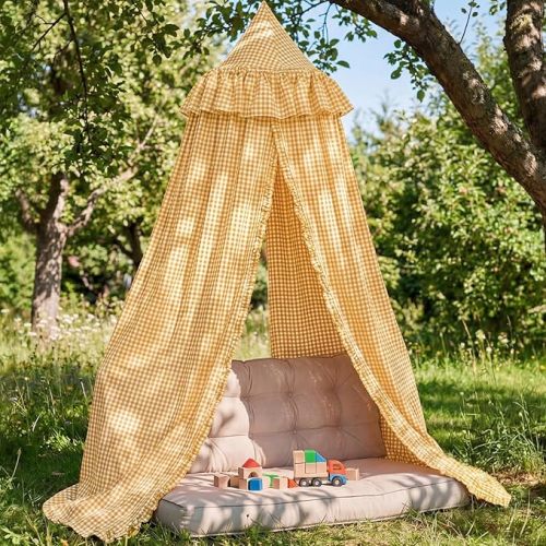 SmoothNovelty Gingham Plaid Bed Canopy with Ruffles (Yellow)