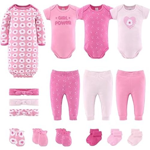 The Peanutshell Newborn Girl Clothes & EssentIals Set, 16 Piece Baby Layette Gift Set, 0-3 Month Outfits