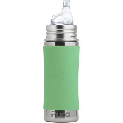 Pura Kiki 11oz/325ml Stainless Steel Sippy Cup Bottle w/Sleeve, Plastic-Free, MadeSafe Certified, Medical-Grade XL Silicone Sipper Spout Fast Flow for Kids, Toddlers, Babies & Infant - Moss
