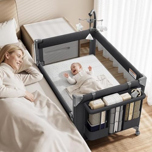 4 in 1 Baby Bassinet, One-Push Setup Pack and Play, Bedside Crib Sleeper with 3 Height Adjustable,Diaper Changer, Come with Comfy Mattress, Rotating Toy Bar, from Infants to Toddlers (Black)