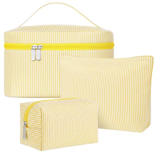 Huhumy 3 Pieces Makeup Bag Set for Women Cute Seersucker Cosmetic Pouch Travel Toiletry Bag Preppy Small Makeup Purse Pouch Aesthetic Skincare Brushes Storage Organizer for Women(Yellow)