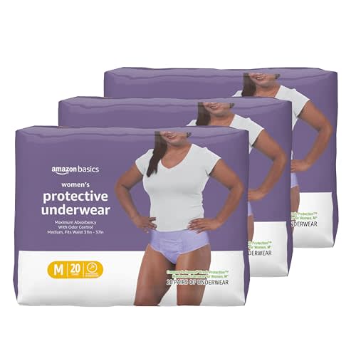 Amazon Basics Maximum Absorbency Incontinence Underwear for Women, Disposable Postpartum, Bladder Leak Protection, Odor Control, Soft, Medium, Lavender, 60 Count (3 Packs of 20)