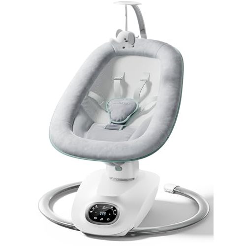 Momcozy CocoSway 3D-Motion Baby Swing for Infants to Toddlers, 6 Motion Modes & 4 Speeds, 180° Rotating Seat, Remote Control, Reclining Seat with 5-Point Harness, 8 Preset Lullabies, Grey
