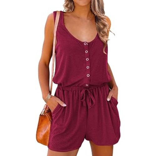 PRETTYGARDEN Women's Summer Casual Shorts Jumpsuit Plain Scoop Neck Button Down Sleeveless Tank Top Rompers With Pockets