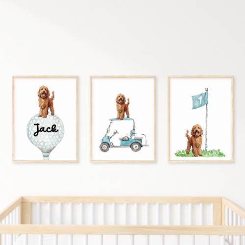 Personalized Goldendoodle Golf wall art set of 3 prints, Goldendoodle wall art set, nursery name sign, kids name sign, dog wall art,