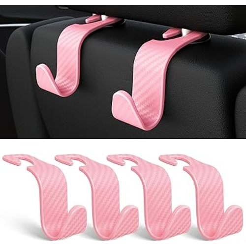 Amooca Car Seat Headrest Hook 4 Pack Hanger Universal Vehicle Car Storage Organizer for Handbag Purse Coat S Type Checkered Pink