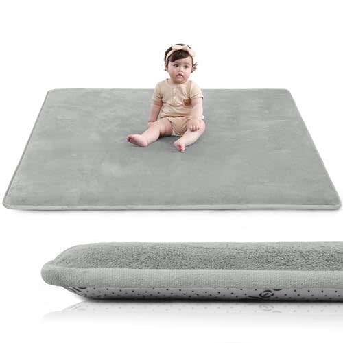 Baby Play Mat for Floor,1.3" Thick Elasti-Foam 50"×50" Playpen Mat for Tummy Time,Water Repellent Soft Coral Velvet for Toddler,Infant,Kids,Non-Slip Backing Safe for Crawling(Light Gray)