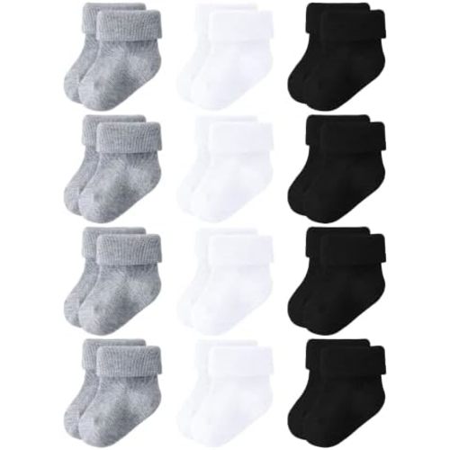 Newborn Socks 0-3 Months Baby Turn Cuff Infant Crew Socks 12 Pairs