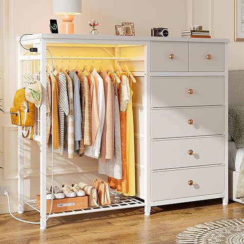EnHomee 49.2" W White Dresser for Bedroom with Hanging Rack, 6 Drawers Dresser with LED Lights & Charging Station, Fabric Dressers & Chest of Drawers with Rack, Wooden Top, Grid Panel
