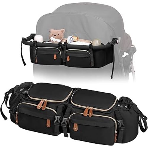 Boomistry Double Stroller Organizer with 2 Cooler Pockets, Black