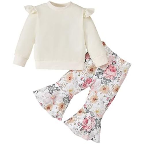 Yvowming Toddler Baby Girl Fall Winter Clothes Ruffle Sleeve Sweatshirt Tops Floral Bell Bottom Pant Outfits