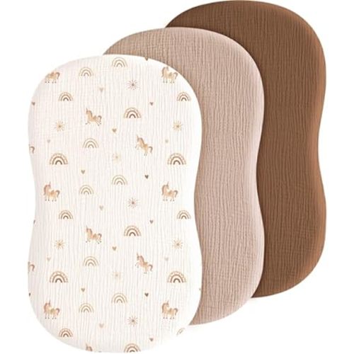 Baby Muslin Bassinet Sheets 3 Pack for Boys & Girls, Soft Breathable Cotton Bassinet Mattress Cover, Universal Fit for Hourglass, Oval, and Rectangle Mattress(Unicorn Dream)
