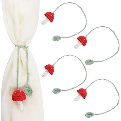 Mushroom Curtain Tieback 4Pcs Window Drape Rope Holdbacks with Mushroom and Leaf Decor Cute Handmade Crochet Curtain Ties for Home Office