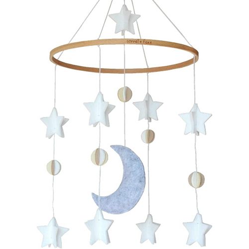 Baby Crib Mobile – Wooden Hanging Nursery Baby Mobile for Crib, Nursery Decor for Boys & Girls, Perfect Shower Gift, Moon & Stars (Grey, White & Cream) Also Fits Bassinets, Sorrel + Fern