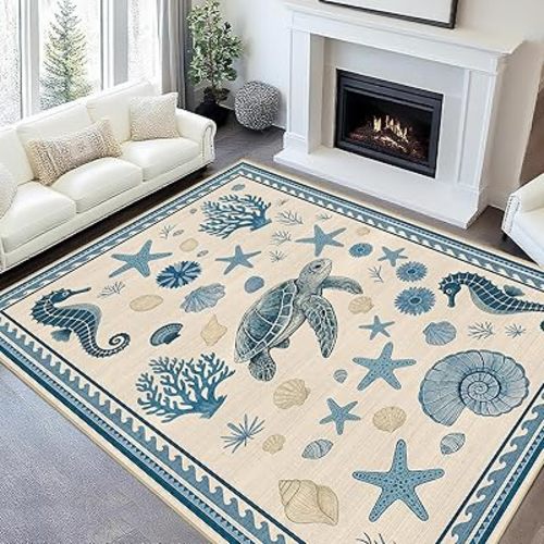 Area Rug 5x7 Coastal Nautical Rug for Living Room Sea Turtle Starfish Seashell Coral Rugs Machine Washable Non Slip Low Pile Large Dining Room Indoor Floor Carpet for Bedroom Kitchen,Blue