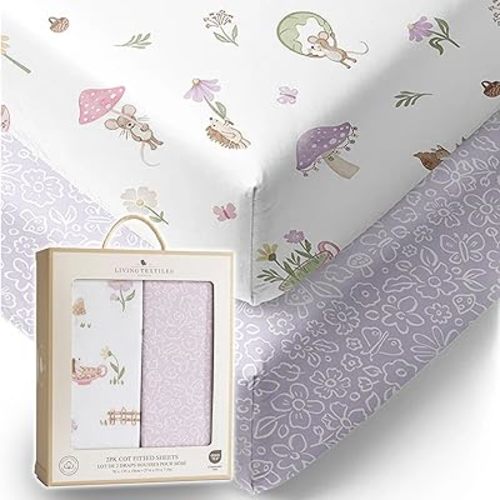 Living Textiles 100% Organic Cot Sheet Fitted 2 Pack -70x135cm, Premium Fabric for Baby's Best Comfort, Super Soft Baby for Crib Bed,Cot,Travel,Moisture Resistant (Whimsical Wonderland)