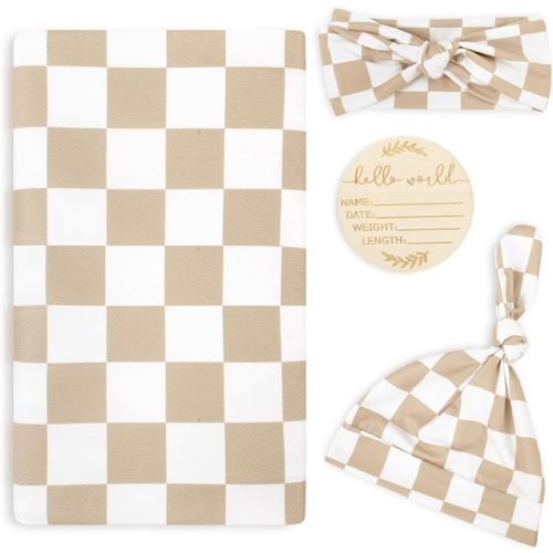 TANOFAR 4-Pack Newborn Swaddle Blanket for Baby Girls & Boys, Ultra Soft Receiving Blankets with Matching Headband and Beanie Set Baby Nursery Swaddle Wrap, Light Brown Checkerboard