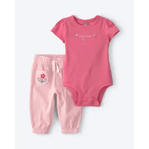 Baby Girl 2-Piece 'Little Sister' Flower Bodysuit & Pant Set - Pink | Carter's